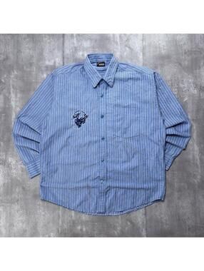 Y2K Blue Michelin Grunge Gothic Pinstripe Long Sleeve Button Up Shirt